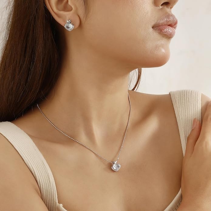 Ydou Love Heart Necklaces and Earrings with Rose Cut Birthstone Silver Plated Elegant Jewelry Set for Women CS0002