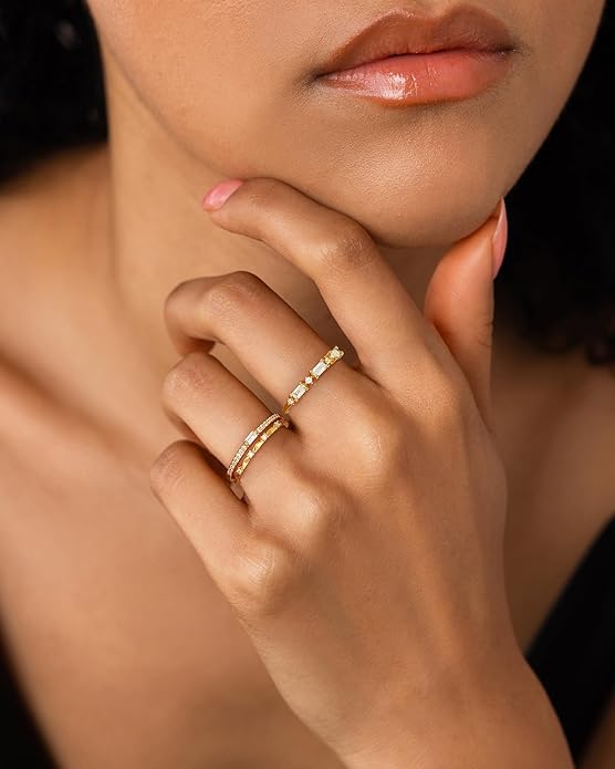 FUNEIA Stackable Silver Gold Rings for Women Non Tarnish 14K Gold Plated Thumb Cubic Zirconia Rings for Women Dainty Pinky Promise Wedding Ring Set Women's Engagement Eternity Band Rings Gold Jewelry