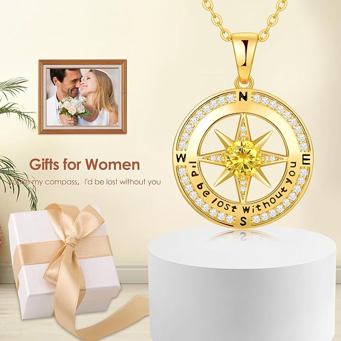 Zifeel Compass Necklace Gifts for Women wife - S925 Sterling Silver Birthstone Necklaces for Women - Anniversary Birthday Gifts for Her Wife Girlfriend - Valentines Mom Mothers Day Christmas Gifts Jewelry for Women