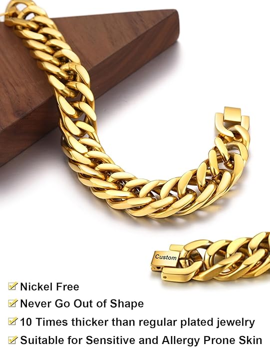 ChainsHouse Stainless Steel Cuban Link Bracelet, 8mm/12mm/17mm Width, 7.5"/8.3"/9", 18K Gold Plated Chain Wrist Bracelets for Men Women, Send Gift Box