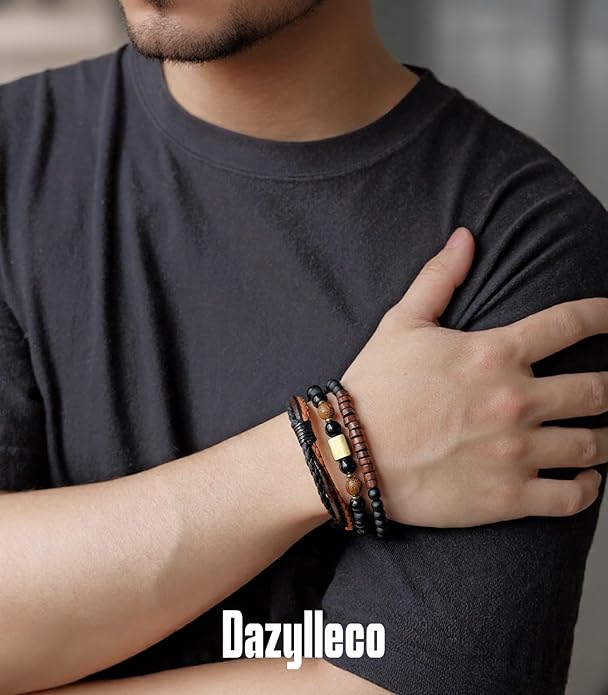 3pc Mens Beaded Bracelets Silver Stainless Steel Chain Bracelet for Men Handmade Braided Bracelet Sets Jewelry Gifts for Men