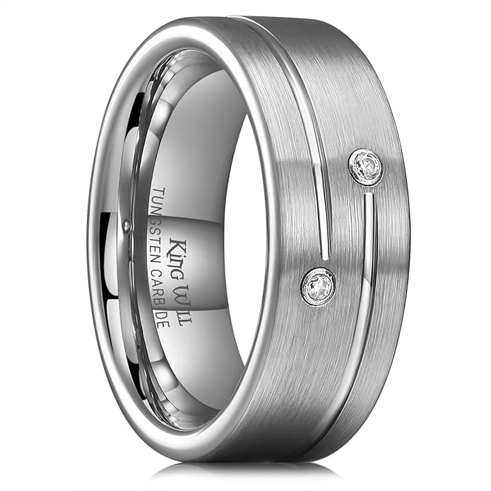 King Will Mens Tungsten Wedding Band with Cubic Zircon Inlay 7mm/8mm Flat Cut Comfort Fit Engagement Rings