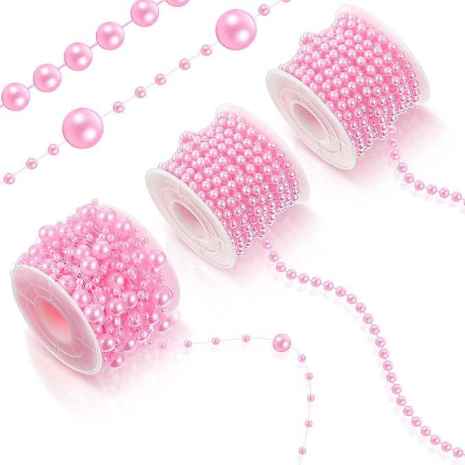 Bonuci 3 Rolls 66 Feet Pearls String Garland Faux Pearl Garland Spool Roll Strand Decoration Artificial Beads Chain Trim for Crafting String of Flowers Valentine Wedding Party(Pink,4mm)