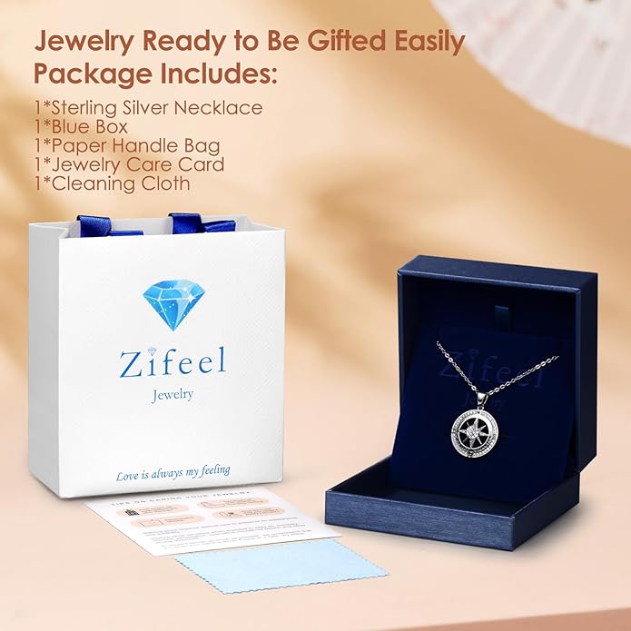 Zifeel Compass Necklace Gifts for Women wife - S925 Sterling Silver Birthstone Necklaces for Women - Anniversary Birthday Gifts for Her Wife Girlfriend - Valentines Mom Mothers Day Christmas Gifts Jewelry for Women