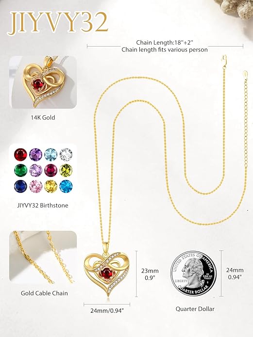 Infinite Heart Birthstone Necklaces for Women Gold Plated Pendant Wedding Anniversary Birthday Gift for Wife Her Mom Grandma Daughter Jewelry with Round Birthstone