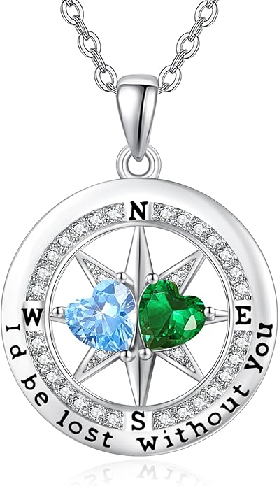 JIYVY32 Compass Birthstones Necklace for Women, Exquisite S925 Necklace Anniversary Birthday Gifts for Wife Her Double Birthstone Pendant jewelry ‘I'd be Lost Without You’