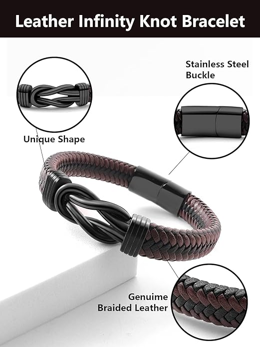 Mens Black Braided Leather Bracelet, Green/Red/Brown/Black Braided Leather Infinity Knot Bracelets for Men with Stainless Steel Clasp, 7.5/8.5/9in Length