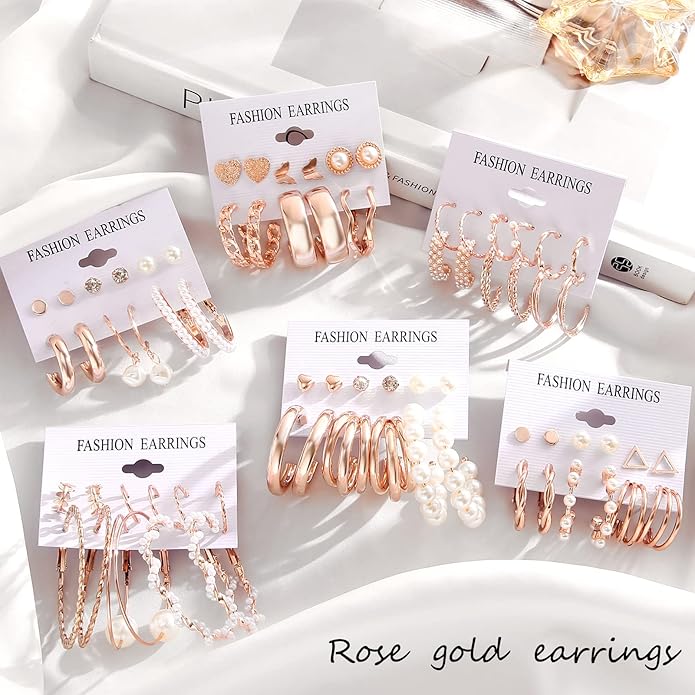 FAXHION 36 Pairs Gold Earrings Set for Women, Fashion Pearl Chain Link Stud Drop Dangle Earrings Multipack Hoop Earring Packs, Hypoallergenic Earrings for Birthday Party Jewelry