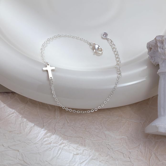 Moodear Christmas Gifts Sotcking Stuffers, Dainty 925 Sterling Silver/14k Gold Plated CZ Cross Bracelet Layered Snake Pearl Chain Knot Bracelets for Women Trendy Religious Christian Jewelry