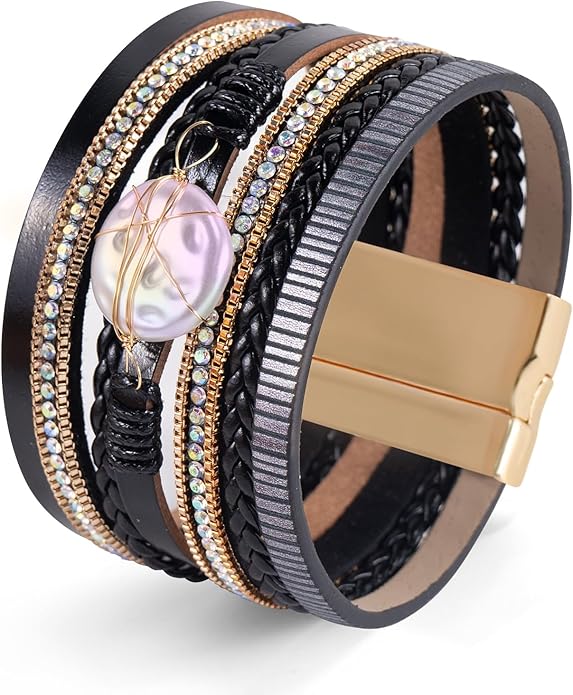 ENGCKSHI Wrapped Bracelets for Women,Leather Bracelet,Boho Bracelets for Women,Multi-Layer Pearl Crystal Bracelet Bangle Jewelry