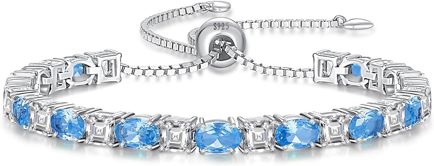 Sterling Silver Birthstone Bracelets for Women White Gold Tennis Bracelets Adjustable Chain 6-9 Inchs Jewelry Hypoallergenic Anniversary Birthday Gifts for Women Mom Wife Her