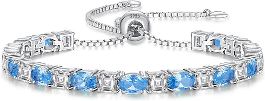 Sterling Silver Birthstone Bracelets for Women White Gold Tennis Bracelets Adjustable Chain 6-9 Inchs Jewelry Hypoallergenic Anniversary Birthday Gifts for Women Mom Wife Her