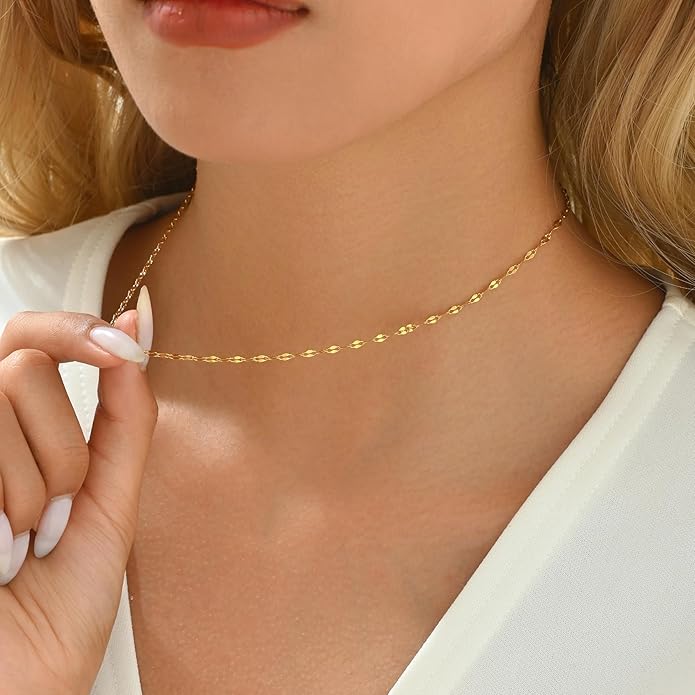 Dainty Chain Necklace for Women, 18K Gold Plated Coin Disc Choker Necklaces Simple Satellite Beaded Twisted Thin Paper Clip Chain Everyday Jewelry Gifts