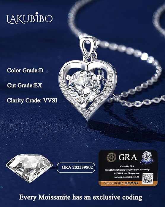 Moissanite Heart Necklace for Women,1-2 Carat Moissanite Pendant Necklace Engraved with 'I LOVE YOU,Birthday Gifts for Women,Mom, Girlfriend, Jewelry Gifts for Christmas Valentine's Day