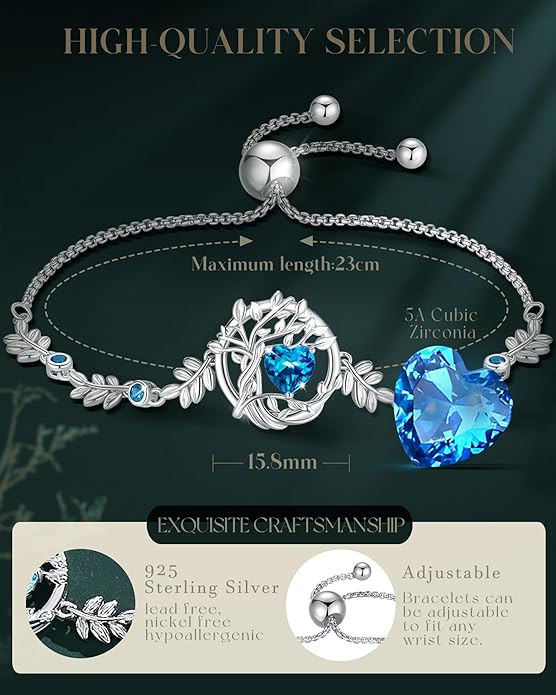 FANCIME Tree of life Birthstone Bracelet for Women Sterling Silver Tree Jewelry Birthstone Charm Bracelet Gemstone Anniversary Birthday Christmas Gifts for Wife Mom Her