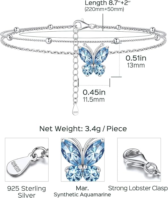 ChicSilver 925 Sterling Silver Anklets for Women Waterproof, Sparkling Birthstone Ankle Bracelets for Women, Adjustable Layered Butterfly Anklet Summer Beach Jewelry