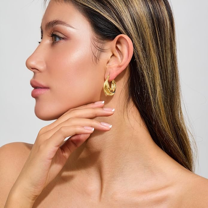 YUJIE Gold Plated Hoop Earrings for Women Brass Earring Chunky Statement Jewelry