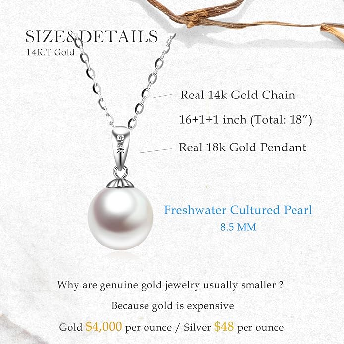 14K Gold Pearl Necklaces for Women with 18k Gold Pendant (Freshwater Cultured Pearl), Real Gold Present for Her, Jewelry Gifts for Mother Wife Girlfriend, 16"-18"