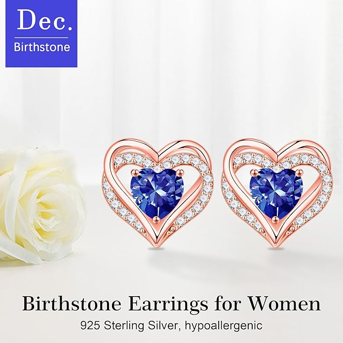 Iefil Birthstone Earrings for Women, 925 Sterling Silver Heart Stud Earrings Birthday Gifts for Women