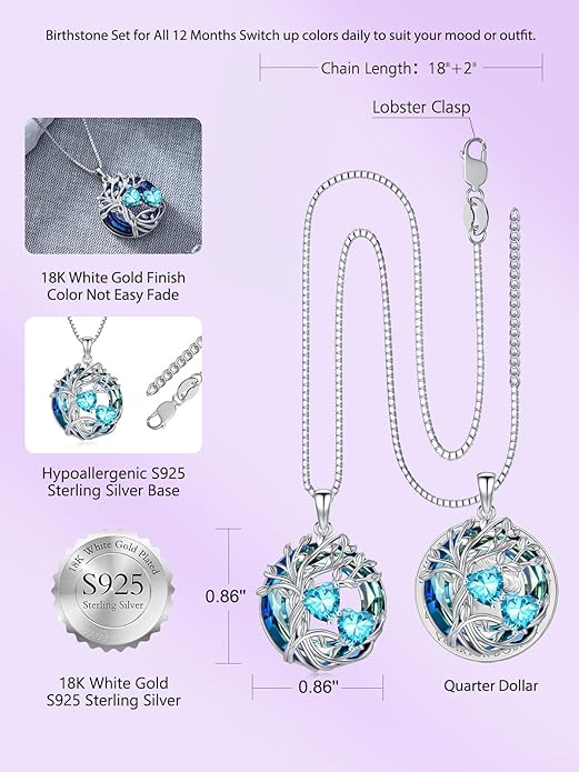 TOUPOP s925 Sterling Silver Family Celtic Tree of Life Pendant Necklaces with 2 Heart Birthstone with Blue Austrian Crystal Jewelry Birthday Anniversary Christmas Gifts for Her Wife Girlfriend Mom (18K Real White Gold Filled)