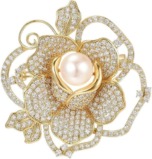 Flower Brooch Pin - Rhinestone Flower Pin 18k Gold Plated - Thanksgiving Day, Birthday, Wedding Gifts for Mom, Wife