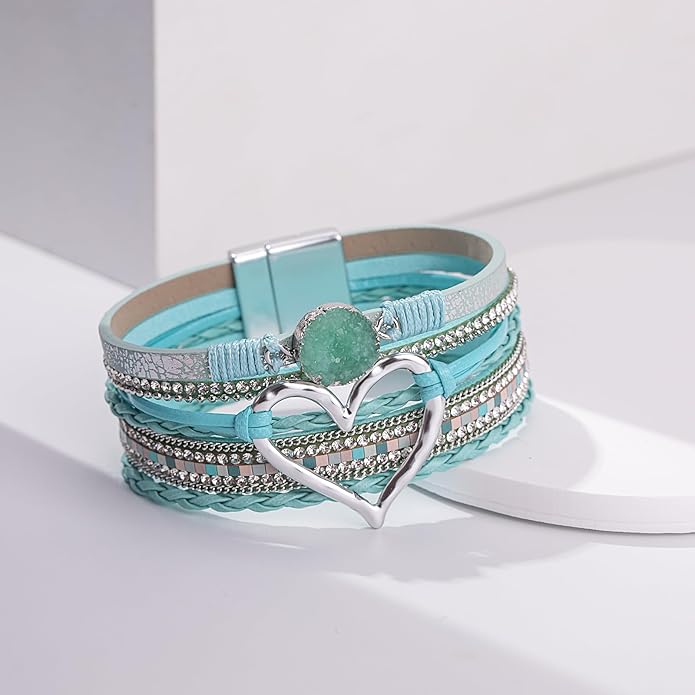 FANCY SHINY Heart Leather Wrap Bracelets Stackable Boho Cuff Bangles Trendy Resin Stone Rhinestone Bracelets with Magnetic Clasp for Women