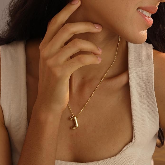 Initial Necklaces for Women, 14k Gold Plated Bubble Letter Necklace Chunky Gold Necklace Dainty Charm Initial Necklaces for Women Trendy Custom Preppy Stocking Stuff Necklace Christmas Gifts