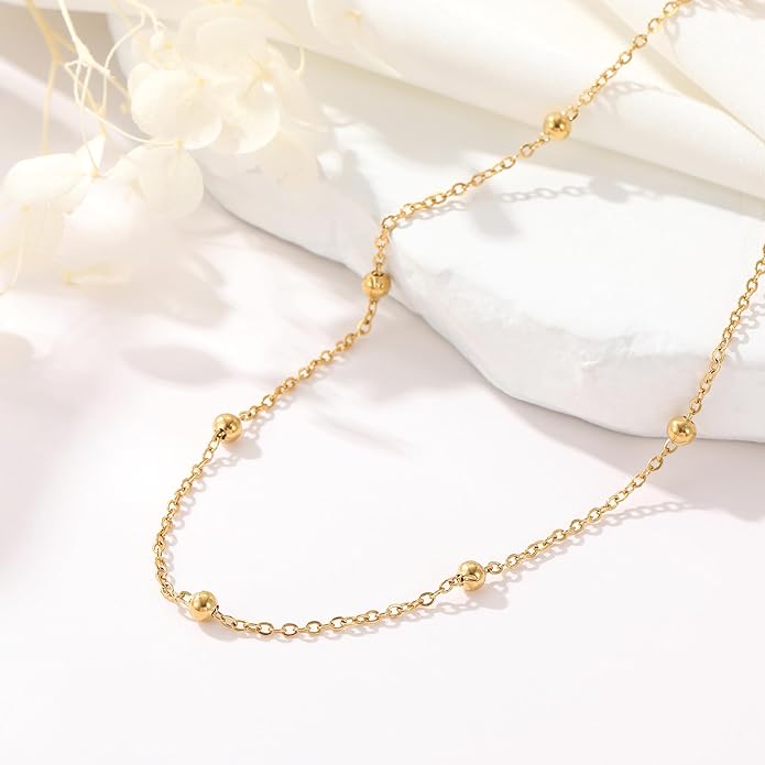 Gold Chain Necklace for Women Dainty 18K Gold Plated Thin Satellite Beaded Turquoise Necklace Simple Gold Boho Jewelry