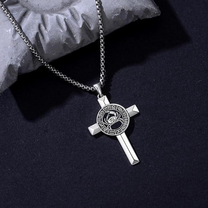 MEIDERBO Cross Zodiac Necklace 925 Sterling Silver 12 Constellation Horoscope Astrology Pendant Necklace Zodiac Sign Jewelry Gifts for Men Women