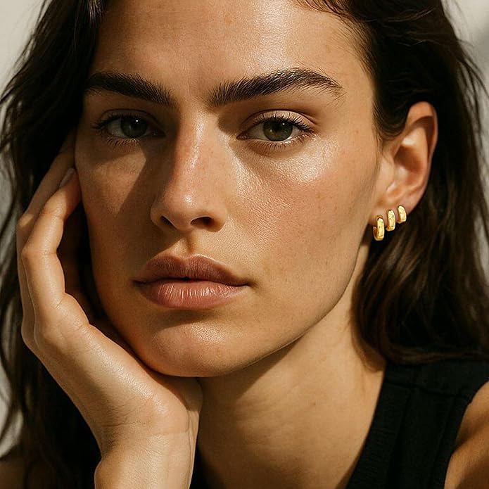 3Pairs Gold Hoop Earrings Set for Women, 14K Gold Plated Hypoallergenic Small Huggie Hoops Earrings for Women Trendy, Chunky Gold Earring Jewelry Gifts