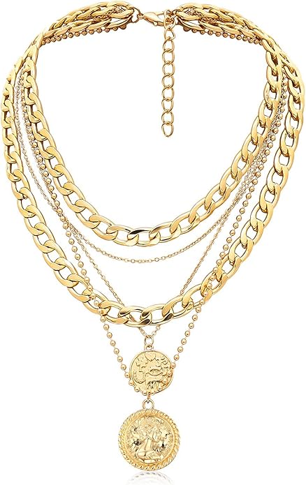 MJartoria Layered Necklaces for Women Trendy Retro Coin Pendant Necklace Dainty Chunky Chain Choker Necklaces for Jewelry Birthday Gifts
