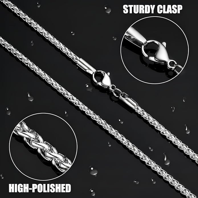 Fiusem Wheat Chains for Men and Women, 2/2.5/3/4/5mm Silver Tone/14K Gold Plated/Black Necklace Chain, Stainless Steel Mens Necklace 16-28 Inch
