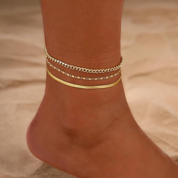 2/3 PCS Gold Anklets for Women Waterproof Cuban Link Anklet Beaded Bracelets Stackable Bracelets 14K Gold Plated Custom Jewelry Gifts Non Tarnish Lightweight