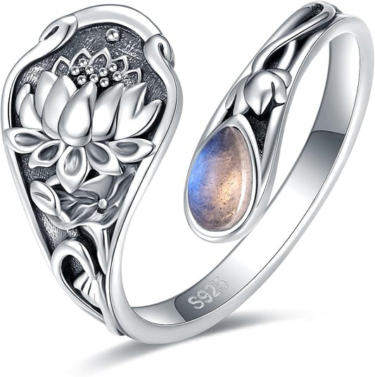 S925-Sterling-Silver Abalone Dragonfly-Turquoise Spoon Ring - Vintage Boho Sunflower Thumb Oxidized Wrap Rings Victorian Style Antique Floral Jewelry Gifts for Women