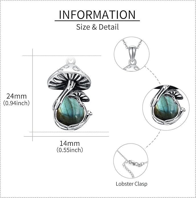 YAFEINI Mushroom Necklace Moonstone/Moss Agate/Malachite/Labradorite/Turquoise/Amber/Larimar/Black Onyx/Lapis Lazuli/Peridot/Opal Sterling Silver Mushroom Pendant Mother's Day Jewelry for Women Mom