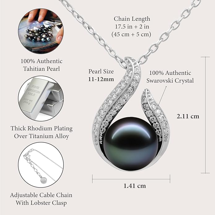 TRYNDI Real Tahitian Black Pearl Necklace Gifts for Women - Larger 11-12mm Luxury Pearl Womens Jewelry, Romantic Valentines Gift for Wife from Husband- Wedding Anniversary, Birthday, Mothers Day, Valentine Necklace for Girlfriend, Fiance & Soulmate