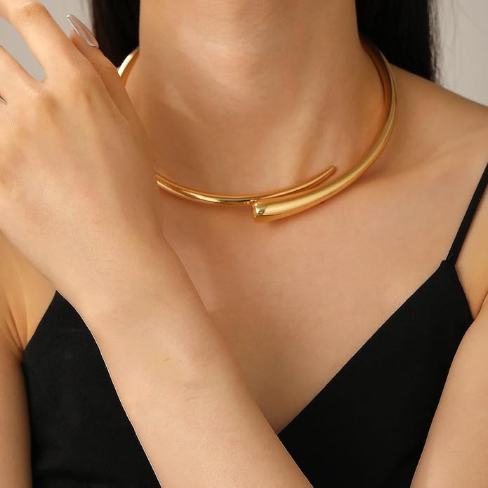 Chunky Plated Gold Necklace for Women Trendy Open Cuff Gold Collar Teardrop Thick Choker Gold Plating Statement Necklaces