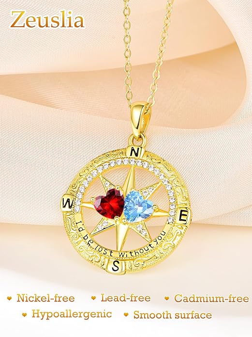 Zeuslia Double Birthstone Necklace Gifts for Wife - 925 Sterling Silver Sunflower/Rose/Crown Cross/Compass/Heart Pendant I Love You Necklace, Anniversary Birthday Gifts for Wife Girlfriend Mom Her
