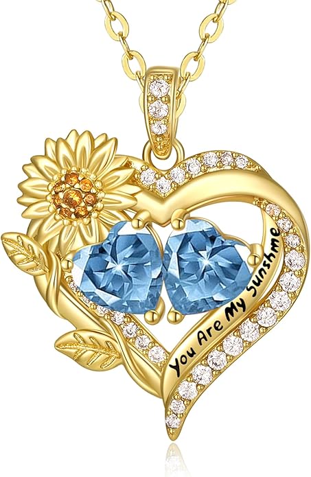 Sunflower Heart Necklace for Women 14K Gold Exquisite Anniversary Birthday Gifts for Wife Mother Her Double Birthstone Pendant jewelry‘You Are My Sunshine’