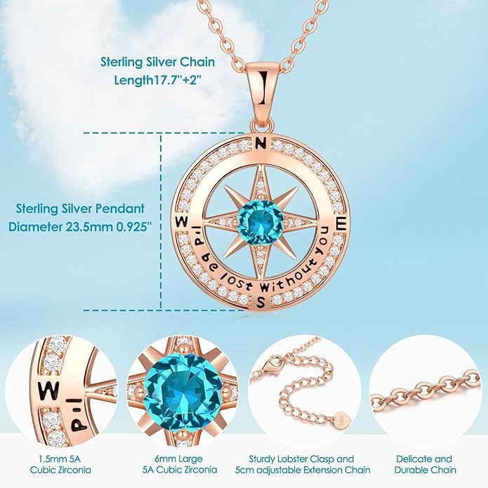 Zifeel Compass Necklace Gifts for Women wife - S925 Sterling Silver Birthstone Necklaces for Women - Anniversary Birthday Gifts for Her Wife Girlfriend - Valentines Mom Mothers Day Christmas Gifts Jewelry for Women