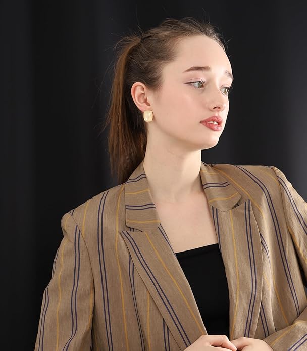 M.DUN- Round Edges Rectangle Shape Studs Earring. Abalone Amber Turquoise Resin Stone Design, 18k Real Gold Plated Bezel, Hypoallergenic Gorgeous Gift for Women