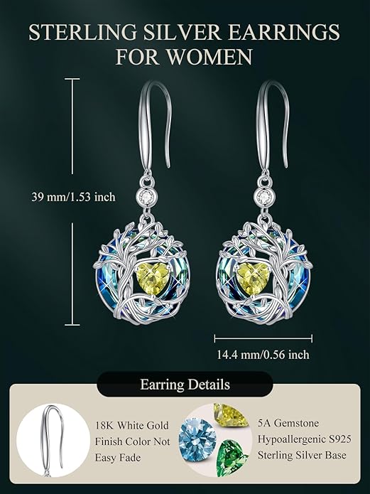 TOUPOP Tree of Life Birthstone Earrings for Women 925 Sterling Silver Family Tree Dangle Earrings Austrian Crystal Jewelry Birthday Christmas Gifts for Her Girlfriend Wife Mom