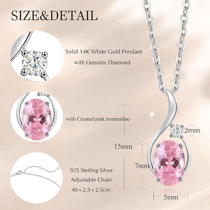 FANCIME 14K Solid White Gold Oval Gemstone Necklace with Diamond Pendant Gifts for Mom Women,16"+2" Inches