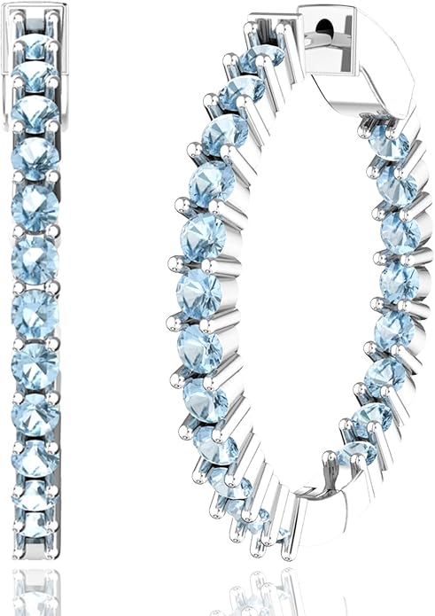 Hoop Earrings with 40 Colored Gemstones, Birthstone Earrings, 925 Sterling Silver Rhodium Plated, Push Back Closure, 1.18'