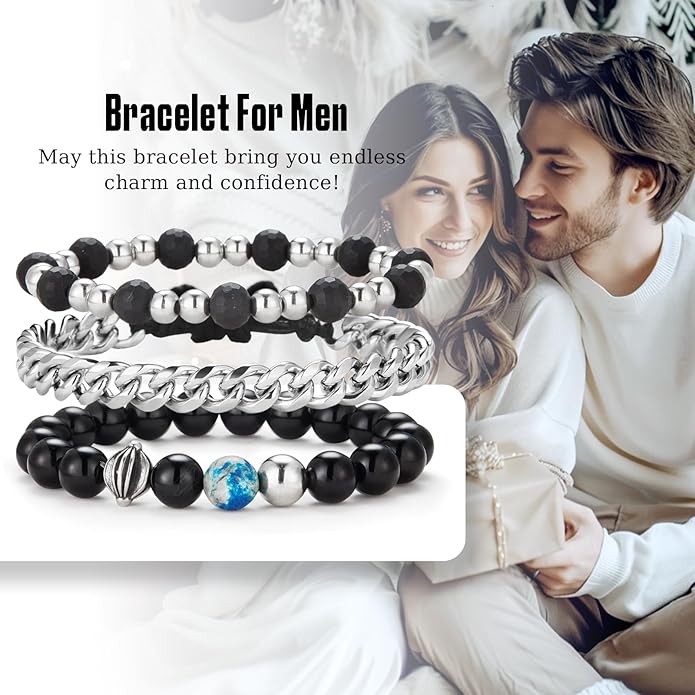 3pc Mens Beaded Bracelets Silver Stainless Steel Chain Bracelet for Men Handmade Braided Bracelet Sets Jewelry Gifts for Men