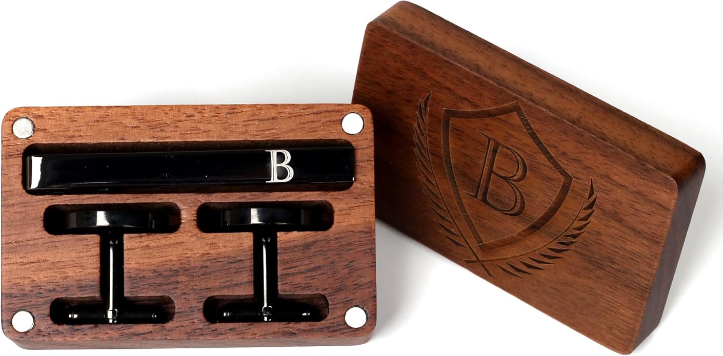 Mens Initial Cufflinks and Tie Clip A-Z Alphabet Letter Black Stainless Cuff Links Tie Bar with Engraved Walnut Wood Box Groom Groomsman Wedding Set