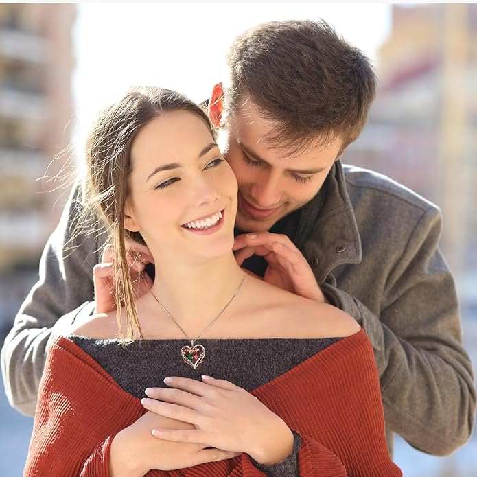 Iefil Rose Heart Double Birthstone Necklace Gifts for Wife Her Mom Women, Birthstone Jewelry Gemstone Birthday Gifts for Girlfriend Grandma Her Wife Women