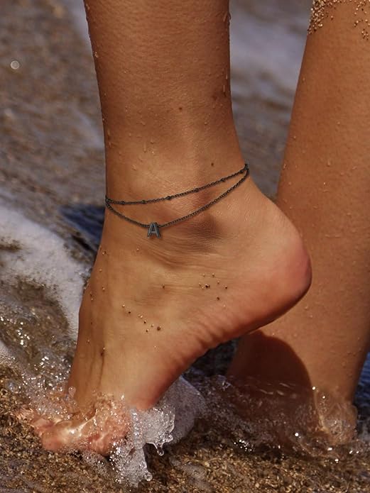 FaithHeart Initial Ankle Bracelets for Women, Waterproof 14k Gold Plated Initial Anklets Non Tarnish Stainless Steel Layered Anklet Summer Beach Foot Jewelry