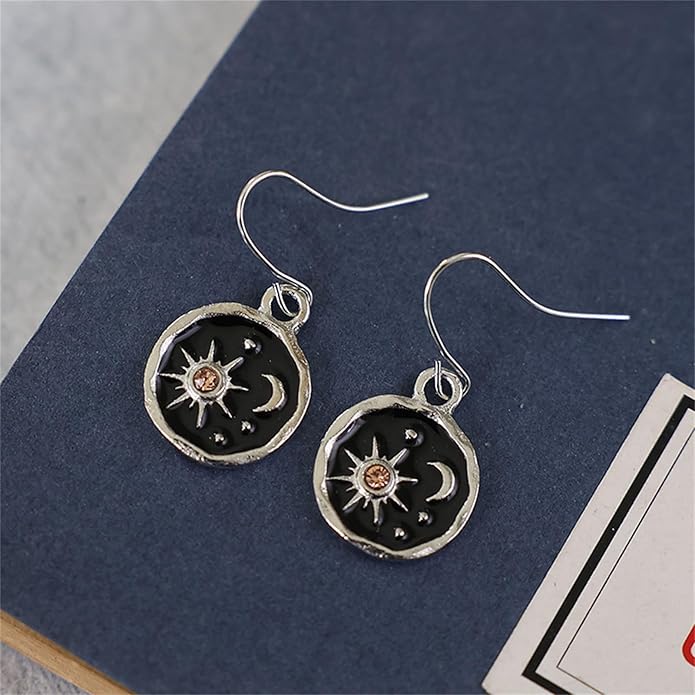 MALOYANVE Vintage Sun and Moon Drop Dangle Earrings for Women Unique lightweight Handmade Retro Boho Antiqued Gold Silver Round Coin Earrings for Women Jewelry