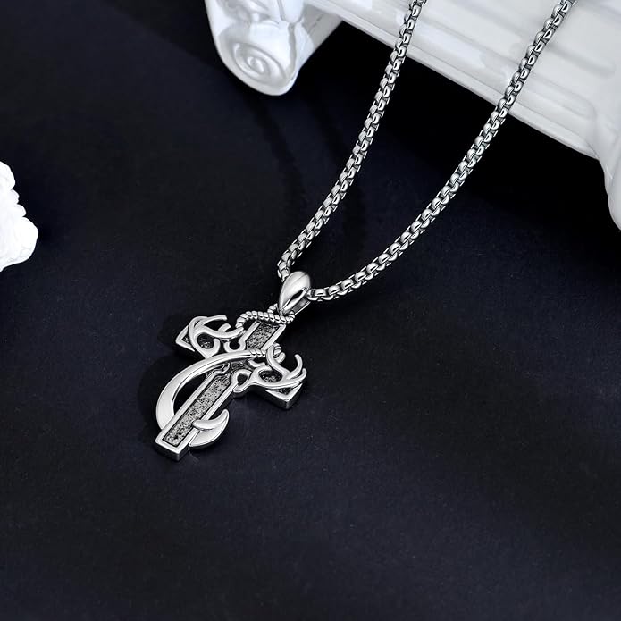 CCmfgjew Christmas Gifts Cross Necklace for Men Stainless Steel Fish Hook Pendant Antler Necklace Hunting Jewelry Gifts for Father Husband Brother 22+2”